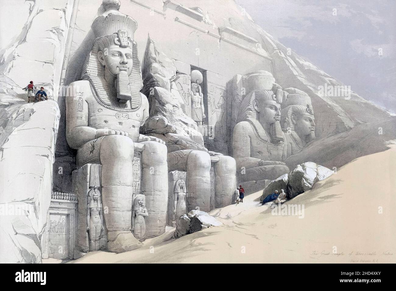 Colossal Figures In Front Of The Great Temple Of Aboo-Simbel.  After a work by Scottish artist David Roberts, 1796-1864 and Belgian lithographer Louis Haghe, 1806-1885.  From volume 4 of The Holy Land, Syria, Idumea, Arabia, Egypt, and Nubia.  The six volumes were published between 1842 and 1849. Stock Photo