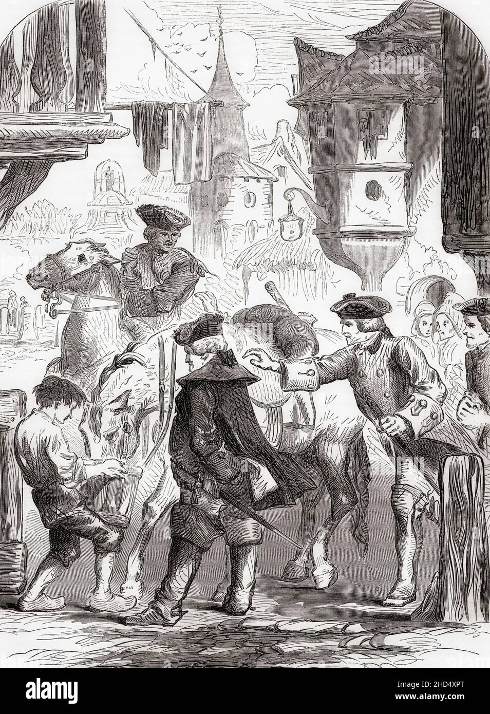 The arrest of the duc de Belle-Isle by the English whilst traveling from Cassel to Berlin through Elbingerode, (modern-day Wernigerode) in 1741.  Charles Louis Auguste Fouquet, 1684 – 1761.  French general and statesman.  From Cassell's Illustrated History of England, published c.1890. Stock Photo