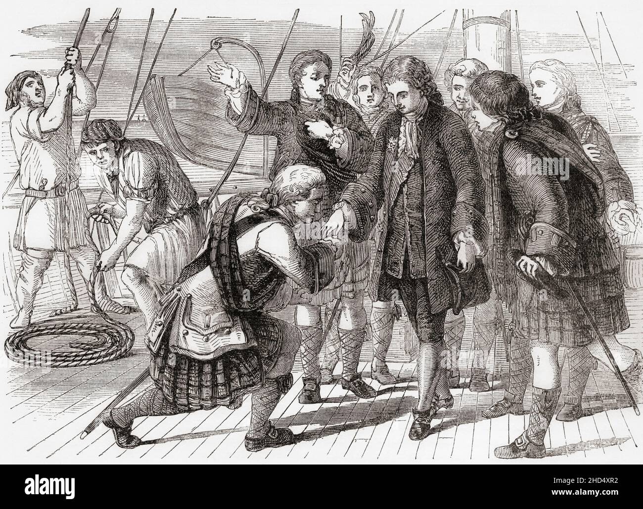 Young Moidart, kneeling, swearing allegiance to Prince Charles Stuart aboard the Du Teillay, 1745.  Charles Edward Louis John Casimir Sylvester Severino Maria Stuart, 1720 – 1788.  Elder son of James Francis Edward Stuart, and Stuart claimant to the throne of Great Britain after 1766 as 'Charles III', aka the Young Pretender, the Young Chevalier and Bonnie Prince Charlie.  From Cassell's Illustrated History of England, published c.1890. Stock Photo