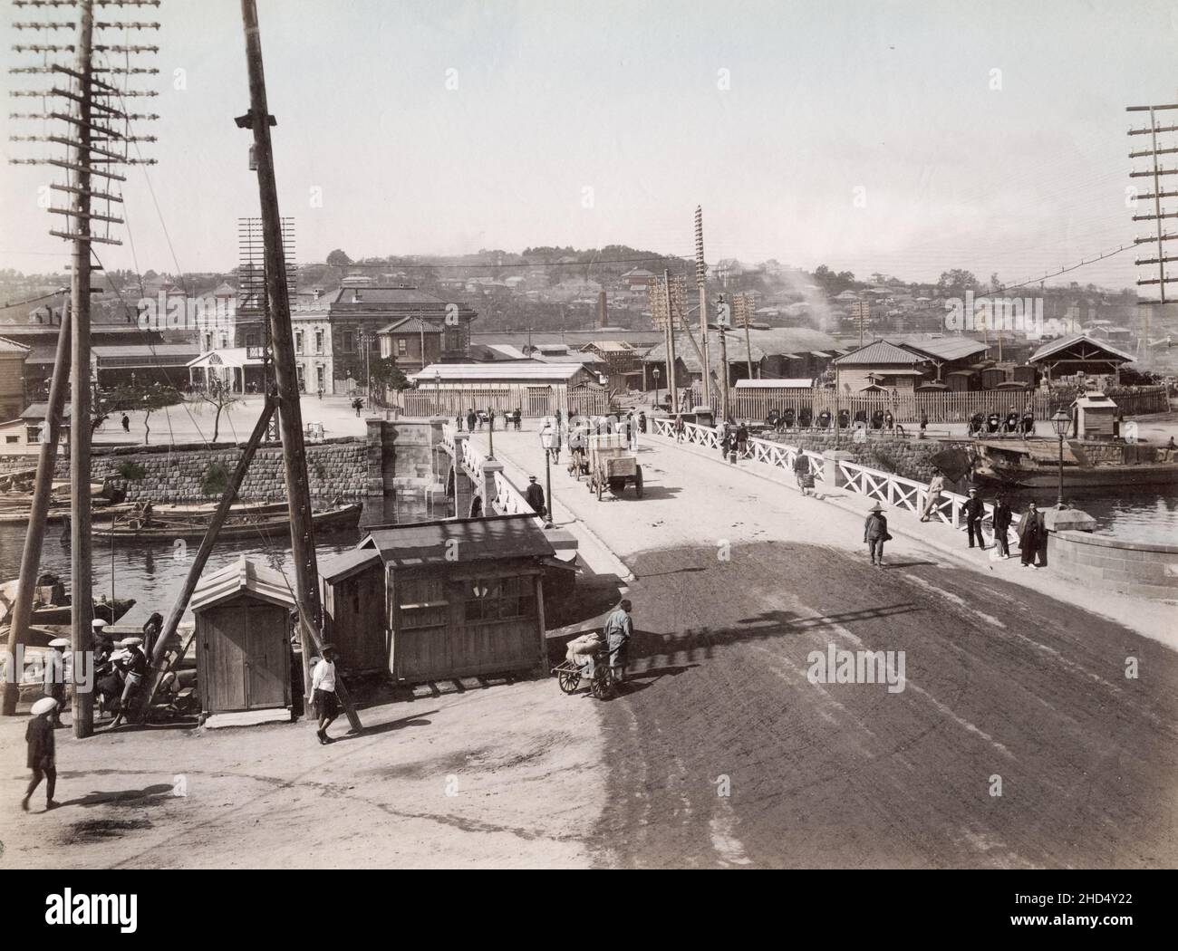 Vintage late 19th century photograph: Railway Station, bridge and ...
