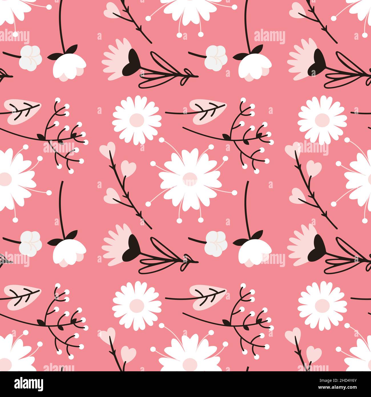 Pink Seamless pattern with different flowers. Vector illustration in ...