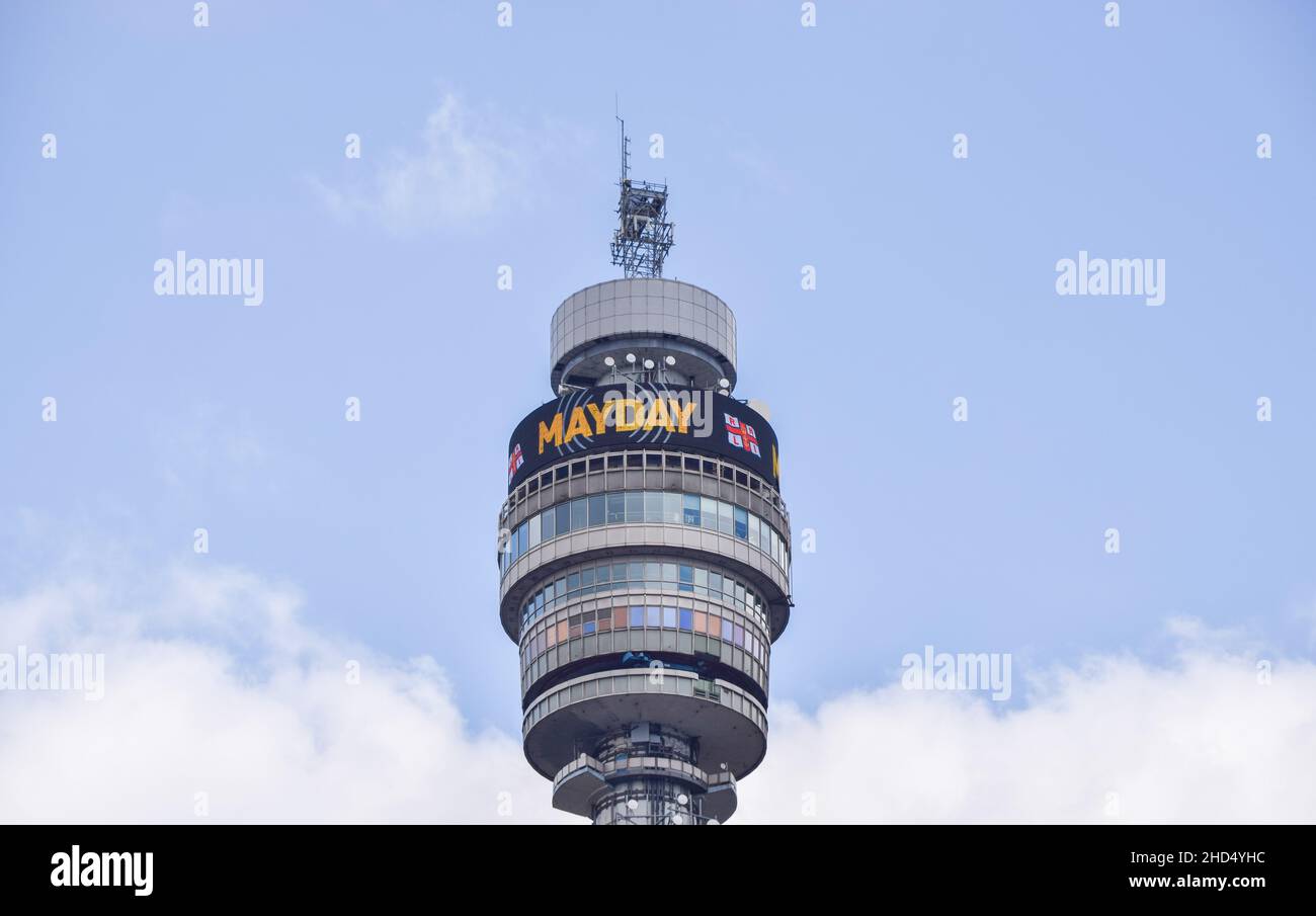 RNLI (Royal National Lifeboat Institution): Mayday message displayed on the BT Tower on 1st May 2021, London, UK. Stock Photo