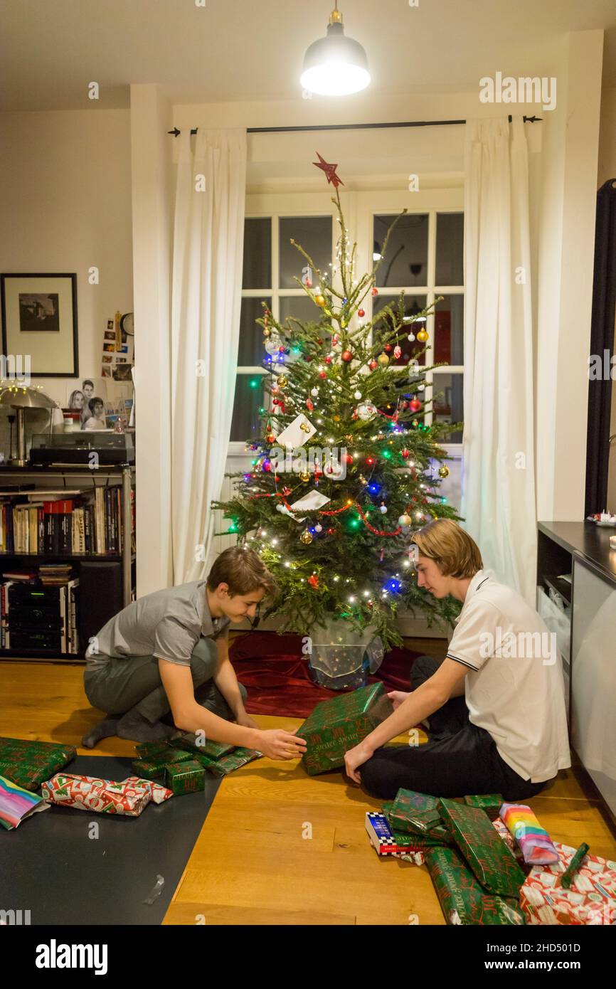 two brothers at home in front of Christmas tree open Christmas presents Stock Photo