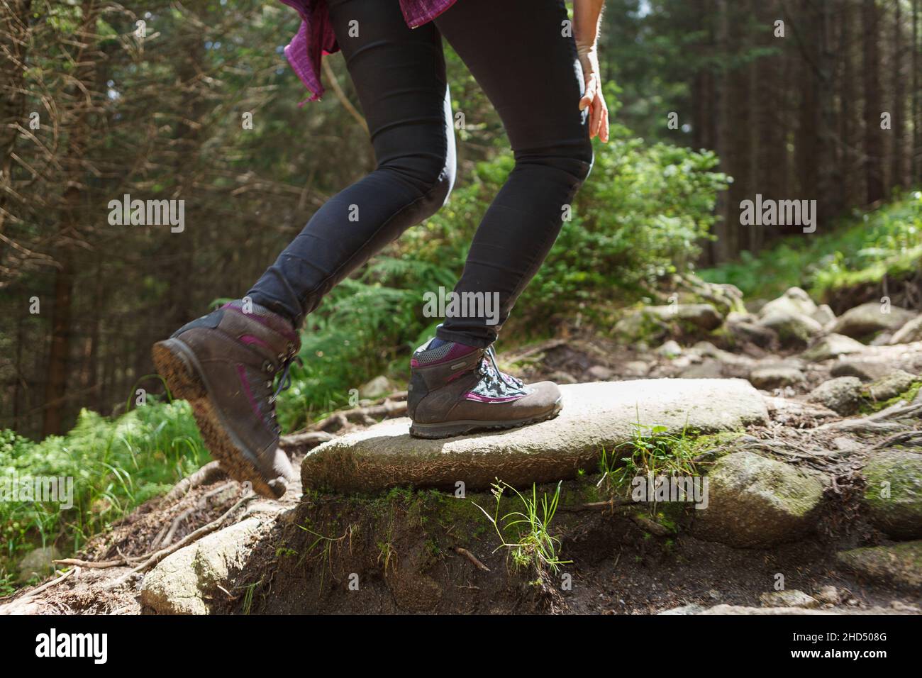 Hiking boots in outdoor action. Woman walks in mountains, detail. Stock Photo