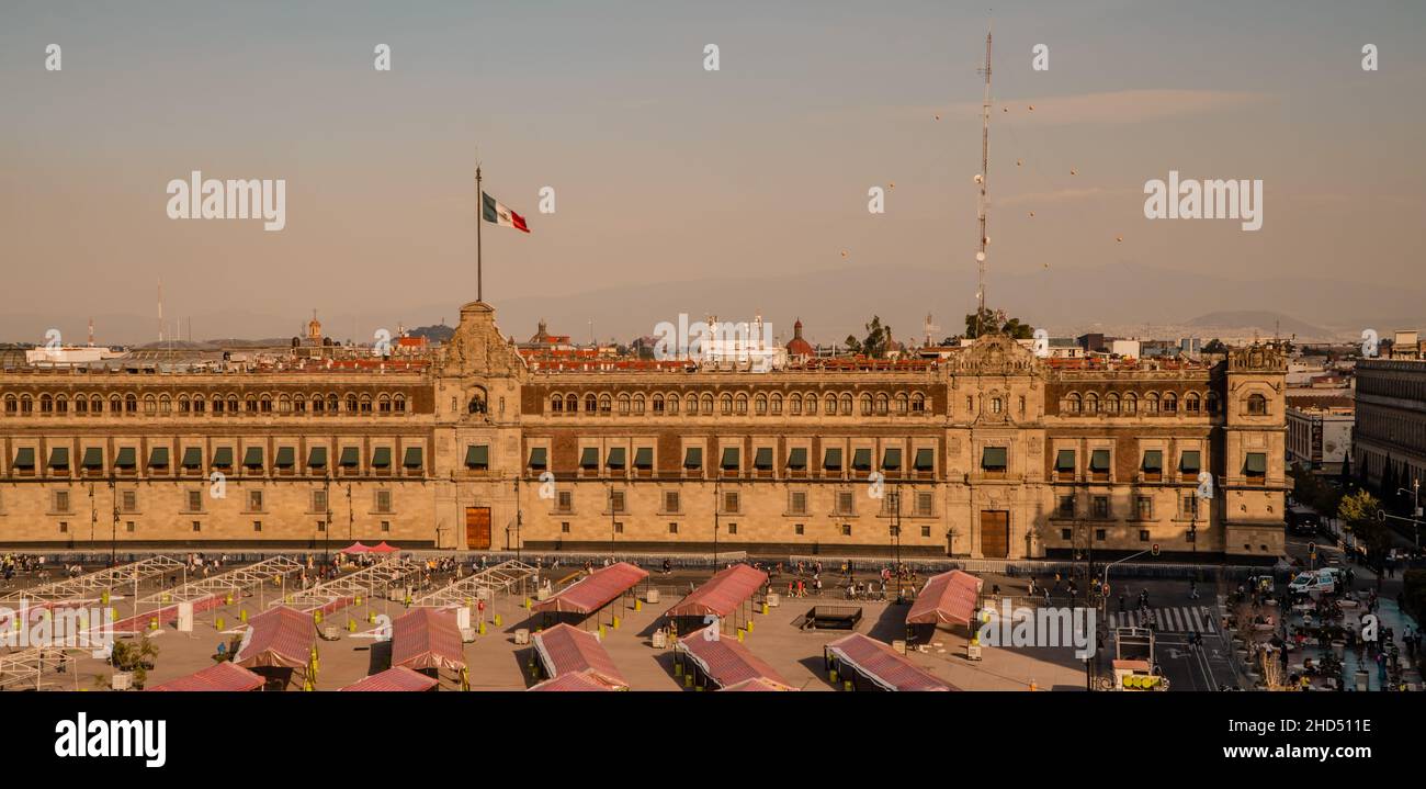 Panoramic shot of ancient the National Palace on Consitution square, Mexico Stock Photo