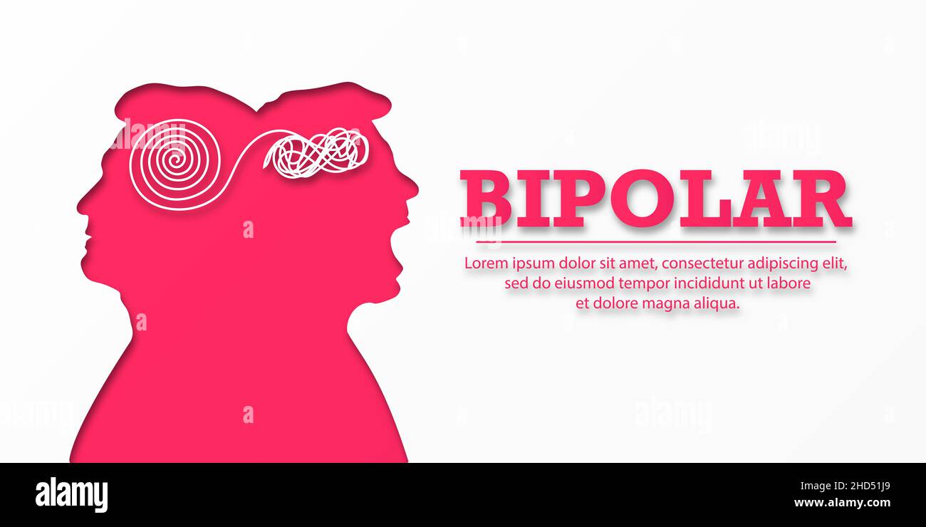 BIPOLAR DISORDER. Banner for medical institutions. Silhouette two faces. The concept of mental destruction of the personality. Man suffering from bipo Stock Photo