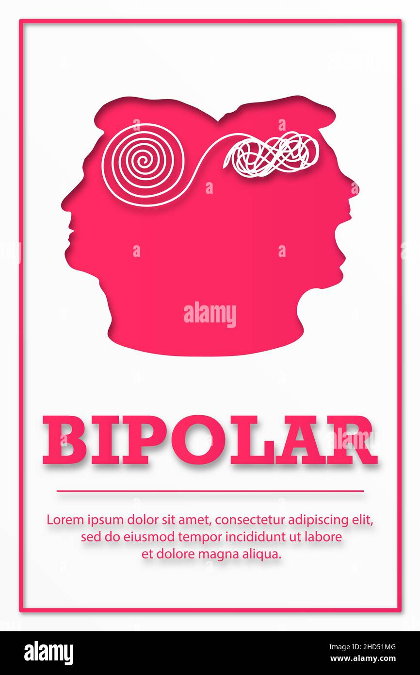 BIPOLAR. Poster for medical institutions. Silhouette two faces. The concept of mental destruction of the personality. Man suffering from bipolar disor Stock Photo