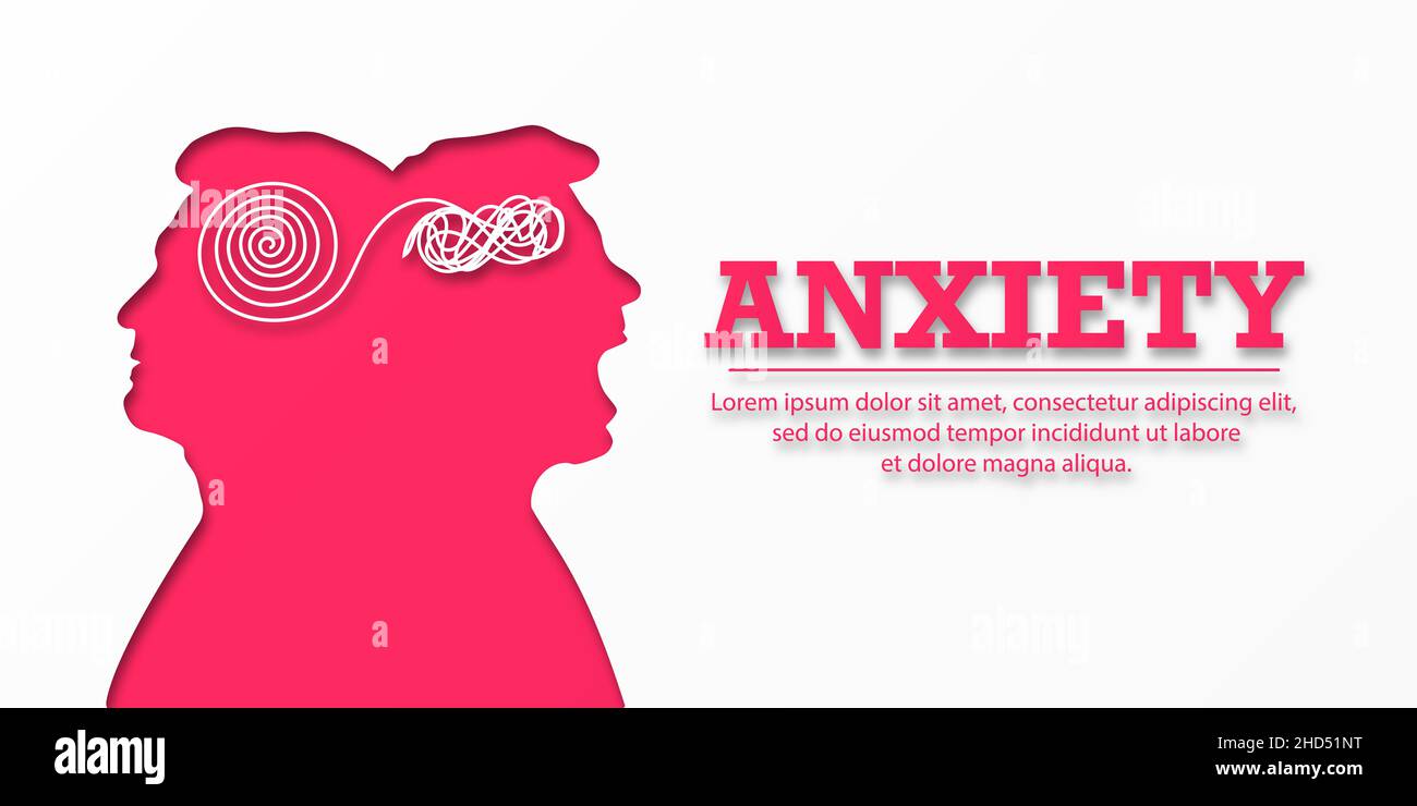 ANXIETY. Banner with a silhouette of two faces. Psychological personality disorder concept. Mental destruction. The man suffers from a psychological i Stock Photo