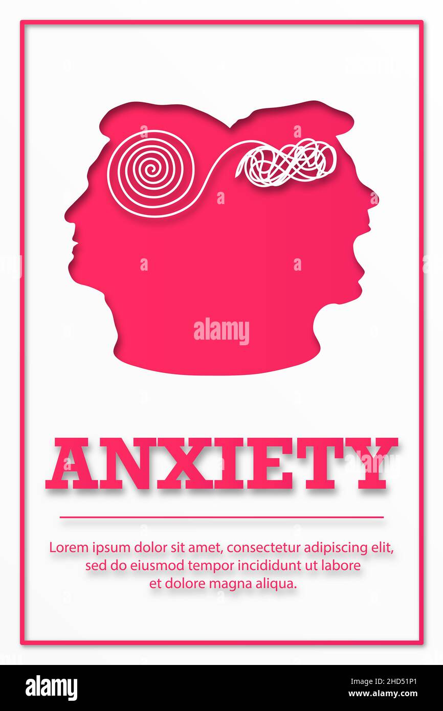 ANXIETY. Poster for medical institutions. Silhouette two faces. The concept of mental destruction of the personality. Man suffering from bipolar disor Stock Photo