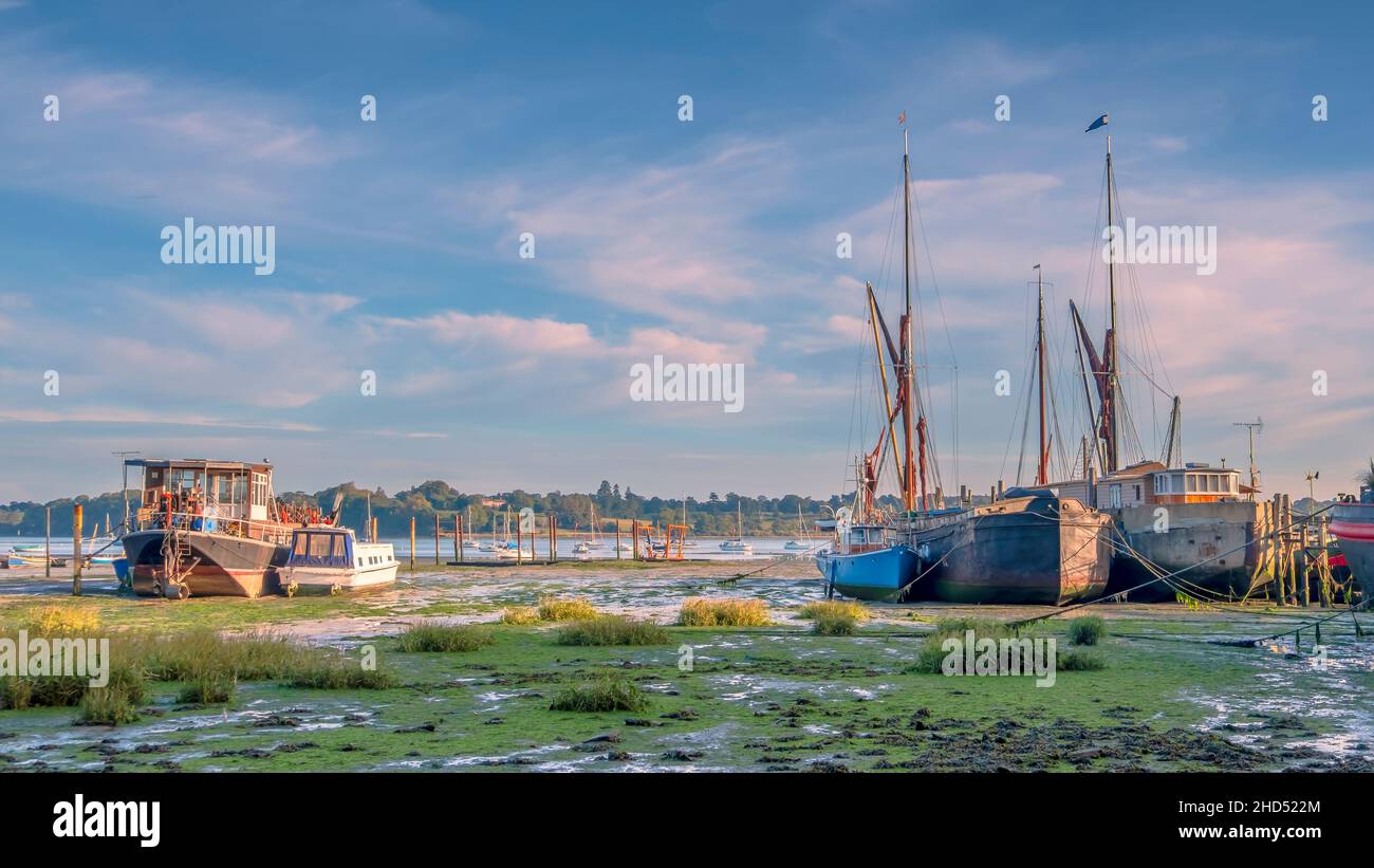 Low tide at Pin Mill in Suffolk. Stock Photo
