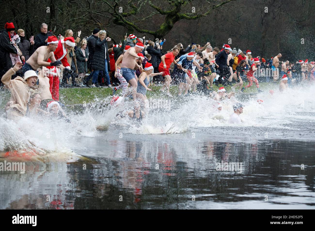 The annual Christmas morning swim at Blackroot Pool, Sutton Park
