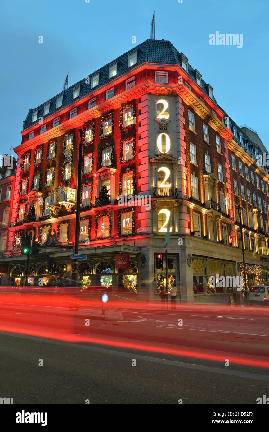 New Year 2022 illuminations, evening Fortnum & Mason, Piccadilly, Westminster, London, United Kingdom Stock Photo