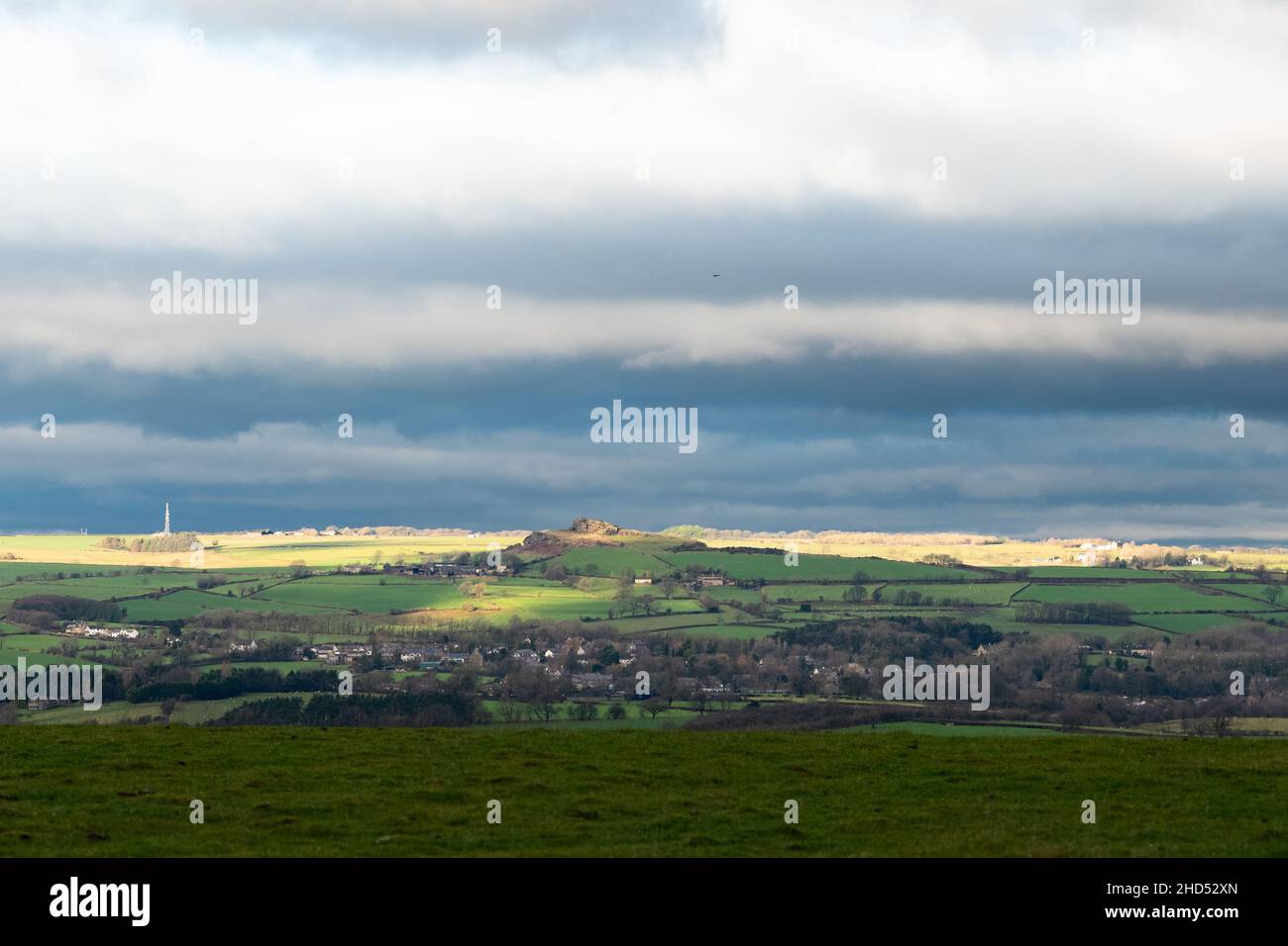 Almscliffe Crag and the village of Huby, North Yorkshire, England, UK Stock Photo