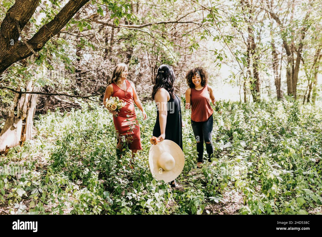 Group of women walking through wooded area during summer Stock Photo