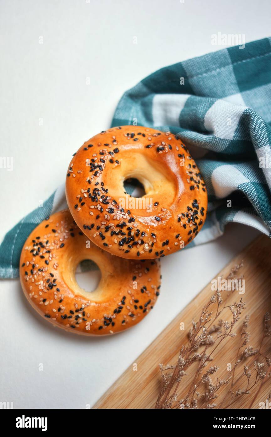 Close-up view of sesame seed donuts on the table Stock Photo