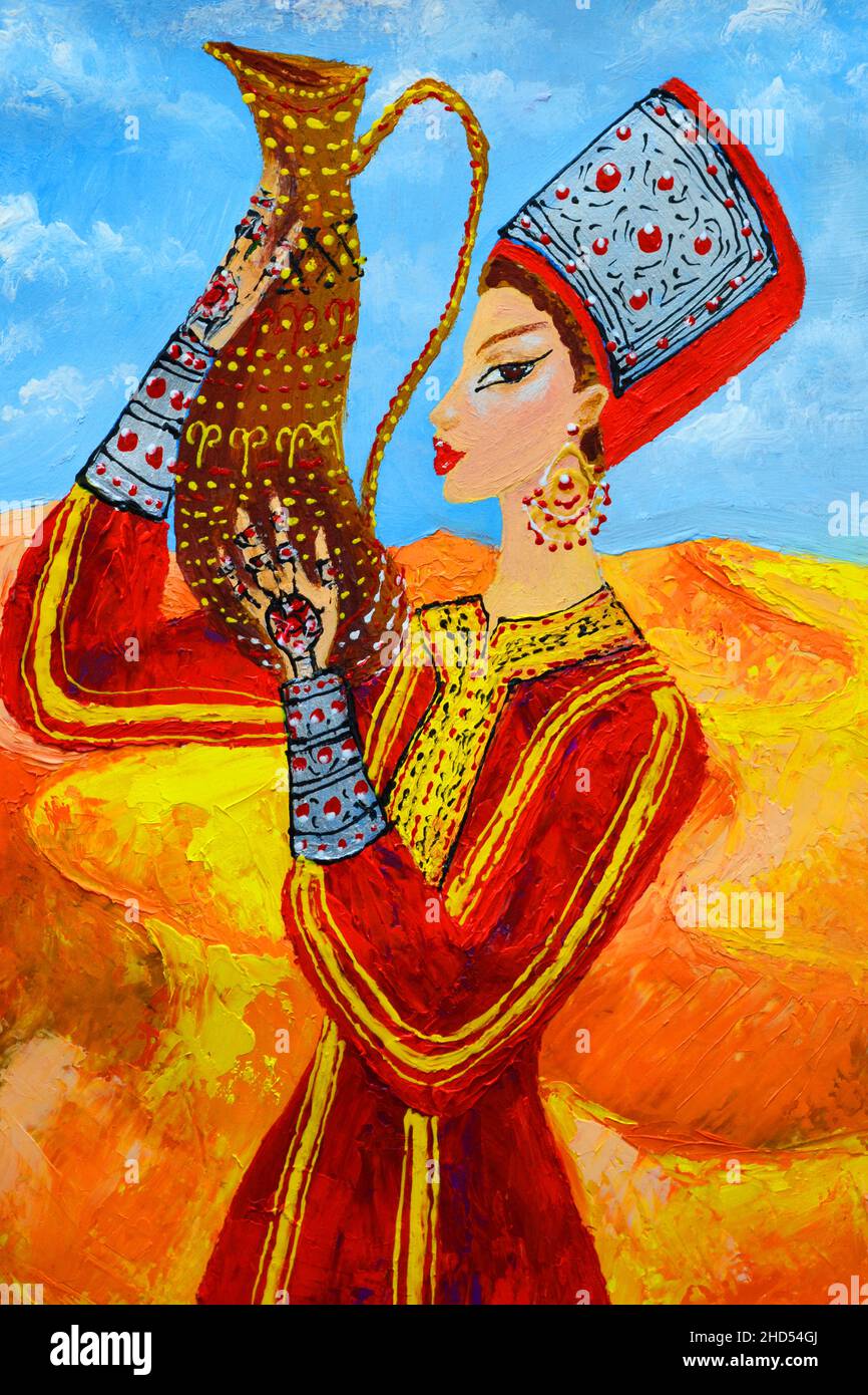 Turkmen Woman In The Desert Oil Painting Stock Photo