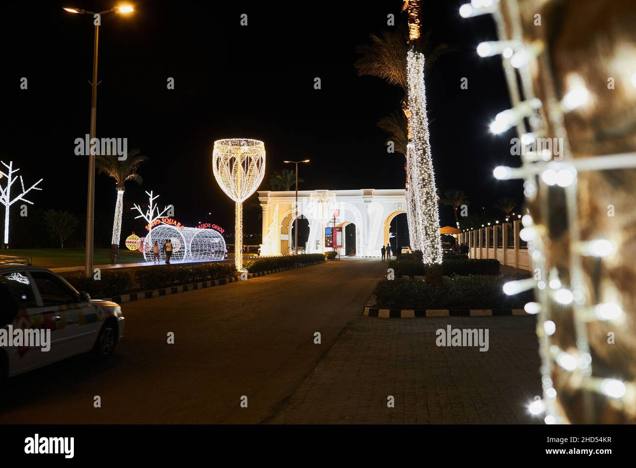 Sharm El Sheikh, Egypt - November 20, 2021: Night illumination of New Year holiday. Glowing festive  Christmas decoration Stock Photo