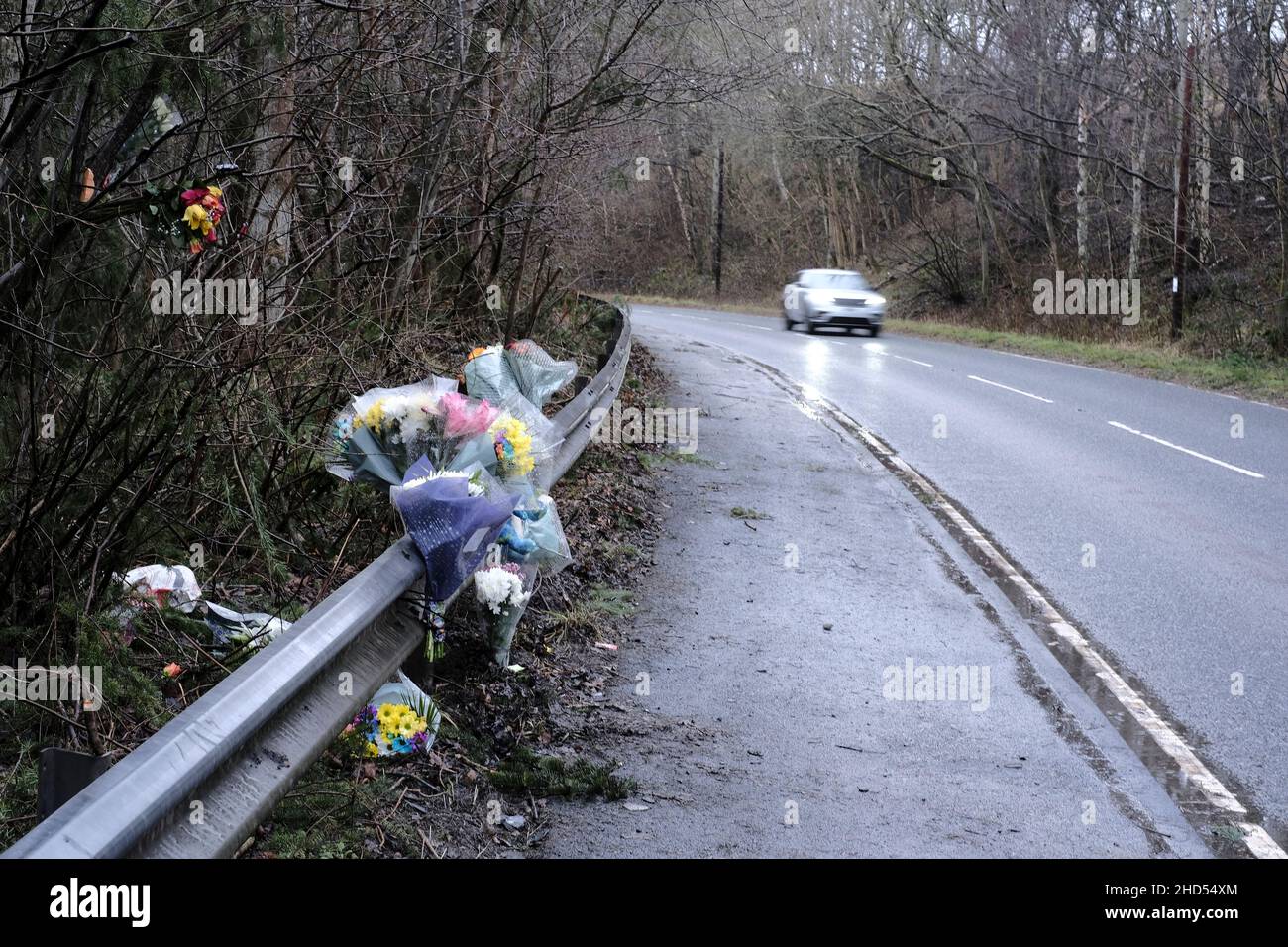 Galashiels, UK. 03rd Jan, 2022. Floral Tributes for Mason MacKenzie and messages left at the side of the A7, after a crash on 27 December 2021 Road Policing officers in the Scottish Borders are appealing for witnesses following a fatal road crash near Galashiels. The incident happened on the A7 approximately half a mile north of Galashiels, involving a red Seat Ibiza and a black Seat Ibiza around 9.10 pm on Monday, 27 December 2021. Credit: Rob Gray/Alamy Live News Stock Photo