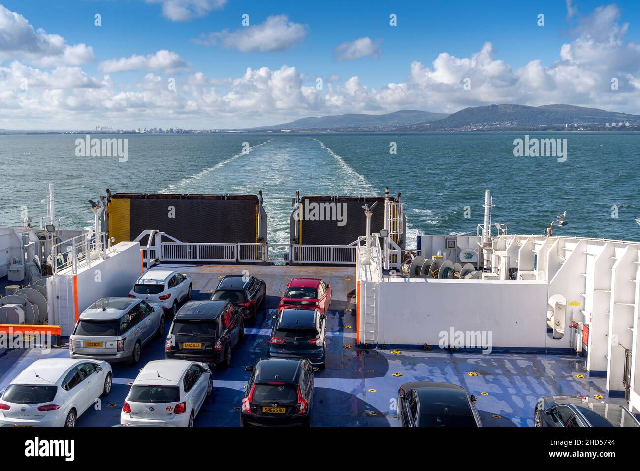 Cars on board a Stena Line ferry, heading out of the Port of Belfast
