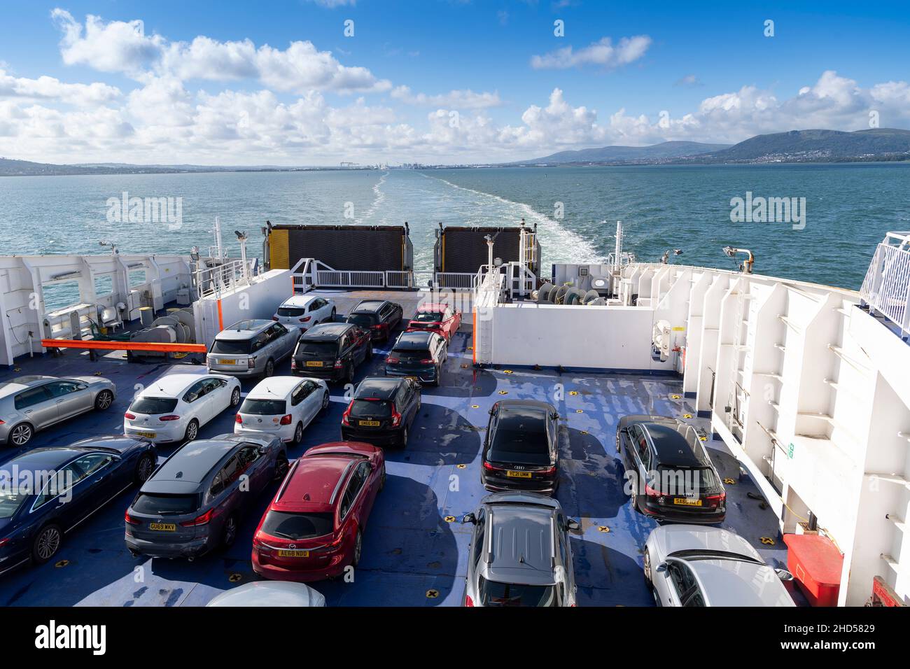 Cars on board a Stena Line ferry, heading out of the Port of Belfast