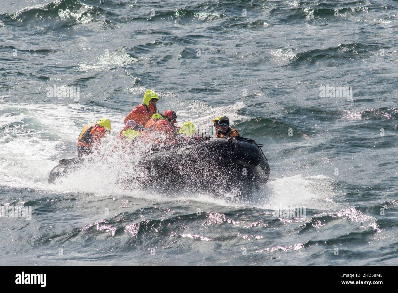 tourists in rubber, zodiac boat returning to antarctic cruise ship in