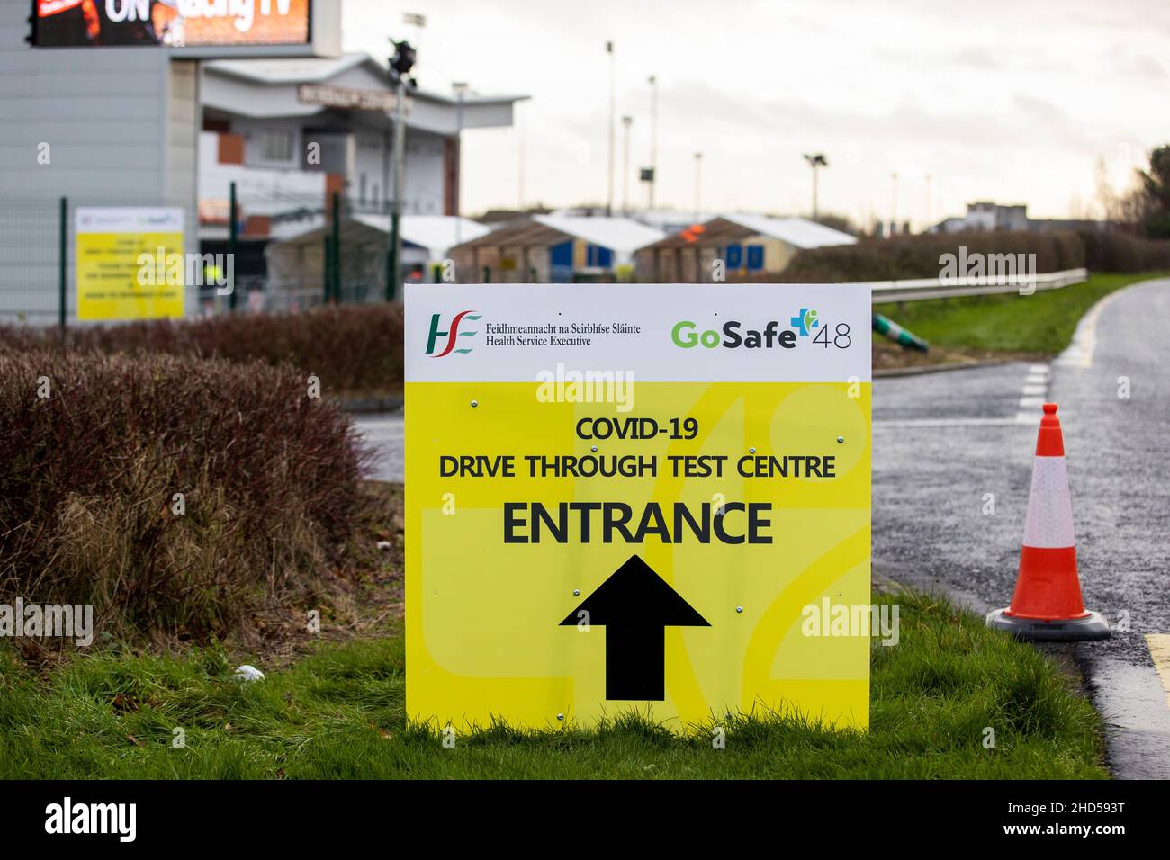 Sign at the entrance to Dundalk Stadium COVID19 drive through test