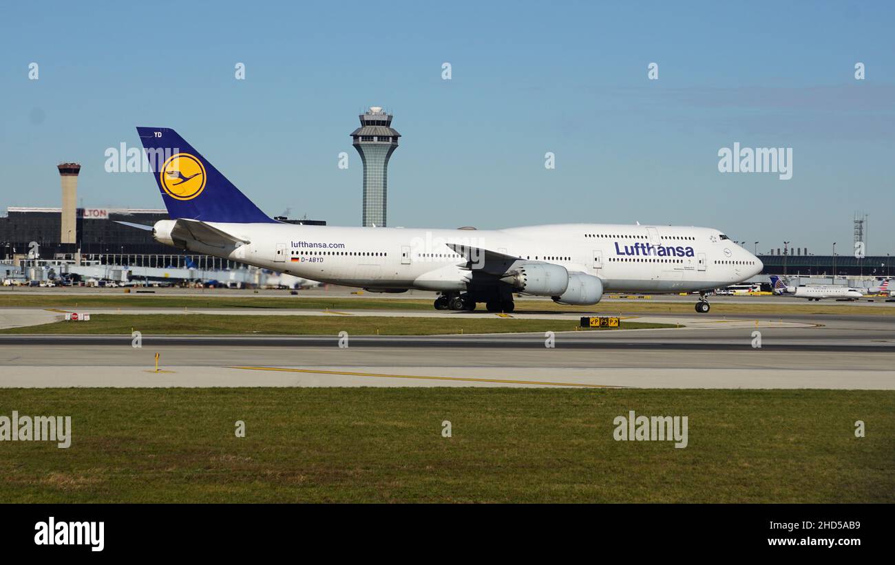Lufthansa Boeing 747 airplane on the runway after landing at Chicago O'Hare airport Stock Photo