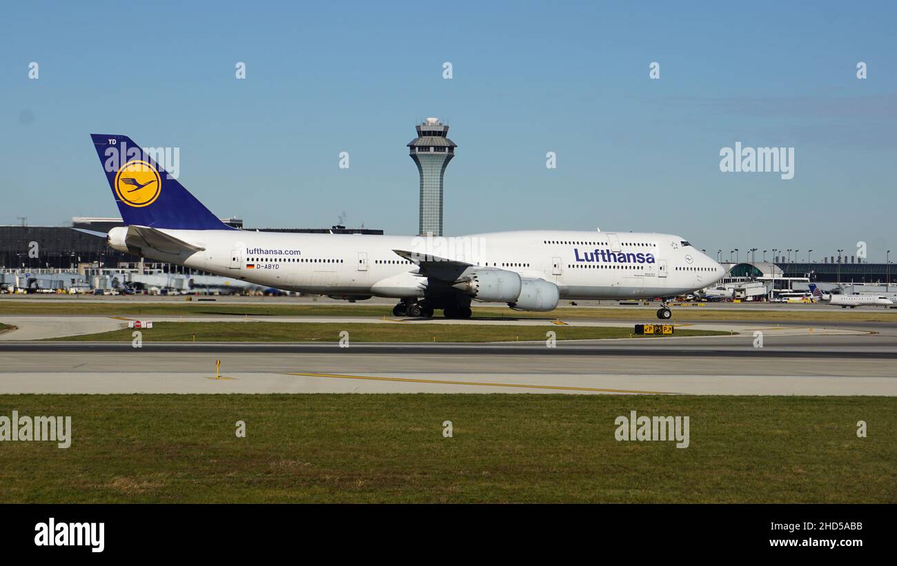 Lufthansa Boeing 747 airplane on the runway after landing at Chicago O'Hare airport Stock Photo