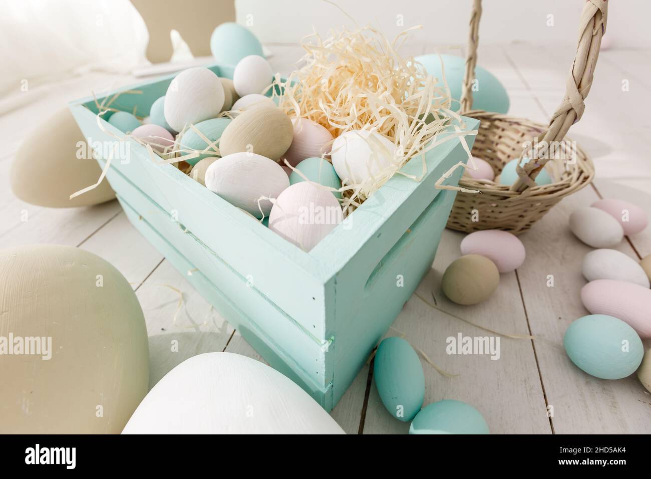 Happy Easter card. Frame with gold and blue speckled easter eggs with ...