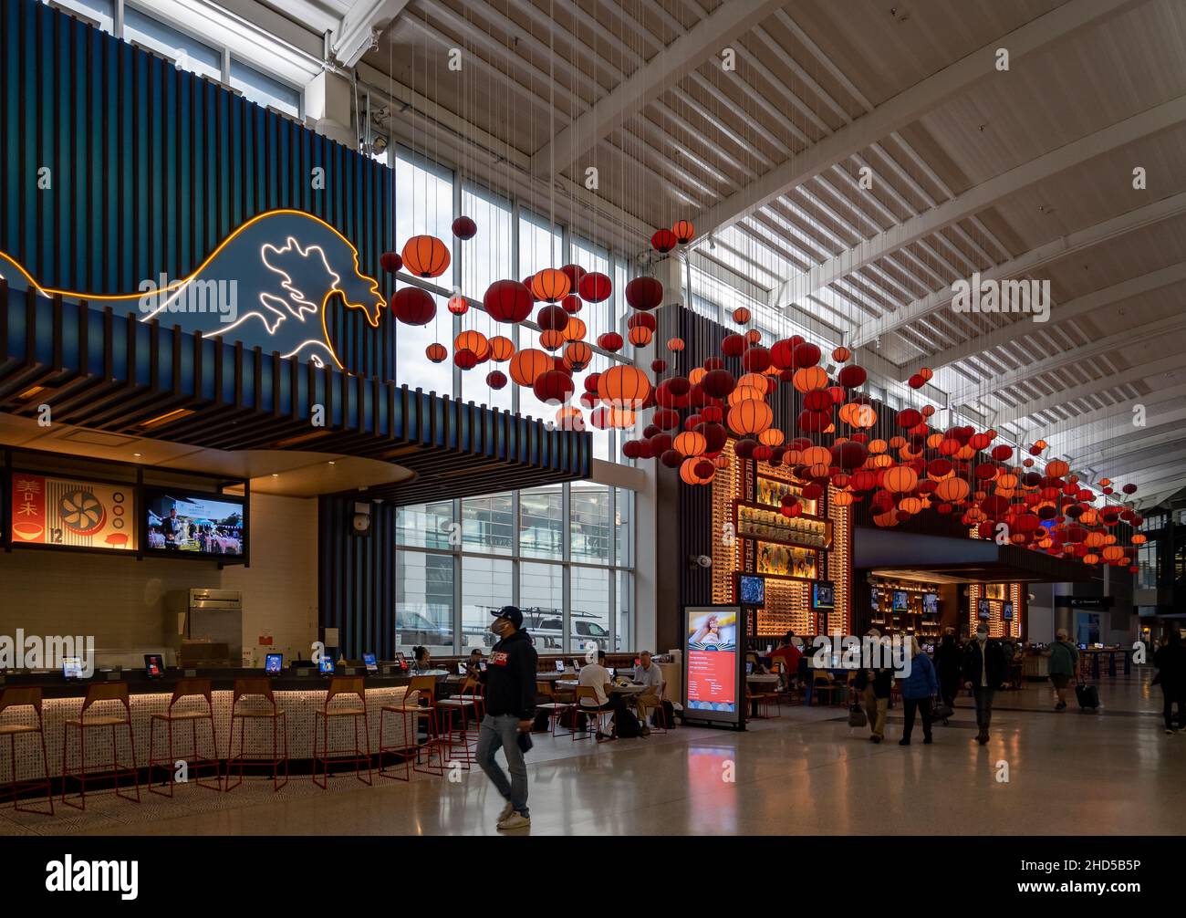Red lanterns decorates a Japanese restaurant inside terminal.