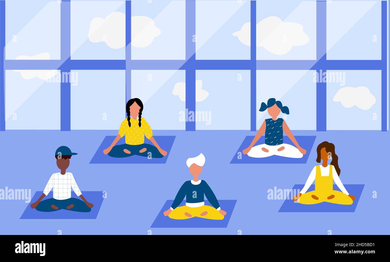 Illustration of a diverse group of children meditating in studio Stock Vector