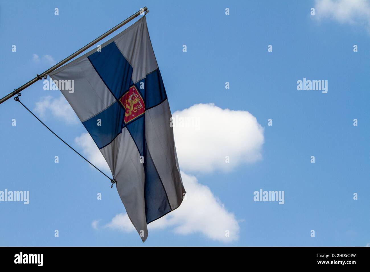 Vienna, Austria, July 24, 2021.The flag of Finland is modeled on the flag of Denmark. It represents the blue Scandinavian cross on a white background. Stock Photo
