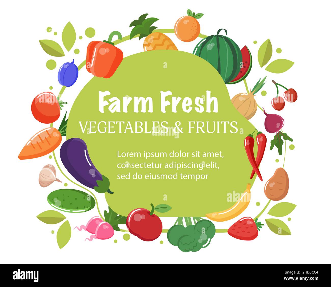Background for farm products. Fresh vegetables and fruits. Vector illustration. Stock Vector