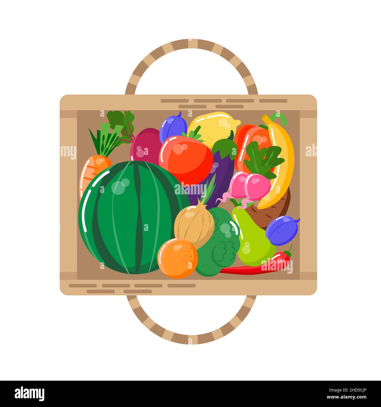 Basket with fruits and vegetables. View from above. Flat style vector illustration. Stock Vector