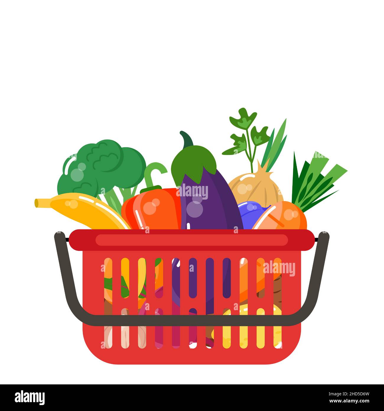 Fresh fruits and vegetables in a red grocery basket. Vector illustration. Stock Vector