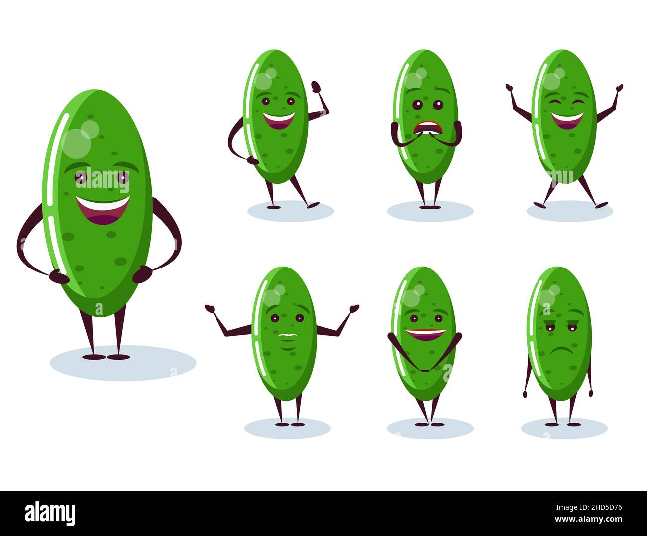 Cucumber set - character and emotions. Anthropomorphic hero. Vector illustration in cartoon style. Stock Vector