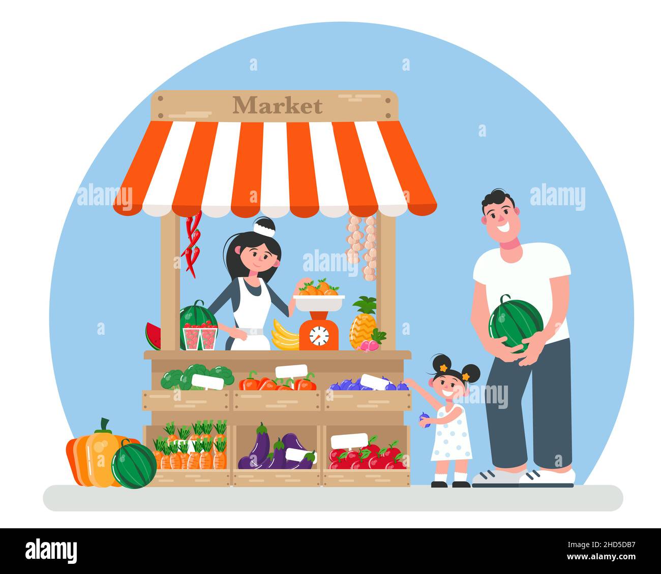 Fresh vegetables and fruits market with the seller. Dad and daughter are buying groceries. Vector illustration in a flat style. Stock Vector