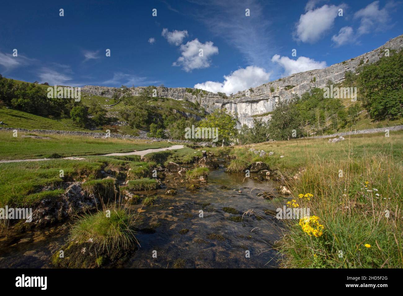 A stream flowing from vertical cliffs of limestone Stock Photo - Alamy