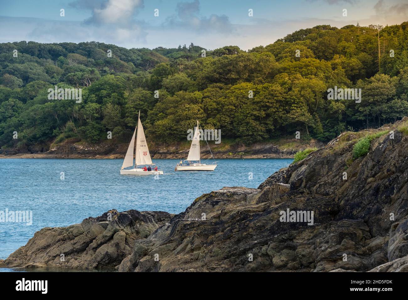Sailboats on the Helford River in Cornwall. Stock Photo