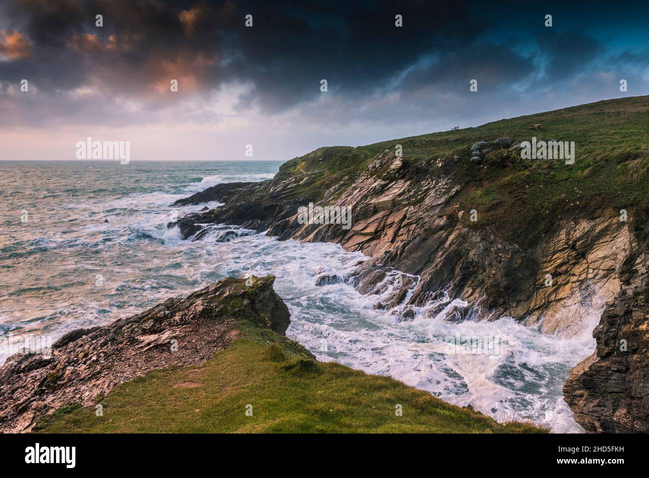 The wild rocky coastline around Towan Head in Newquay in Cornwall. Stock Photo