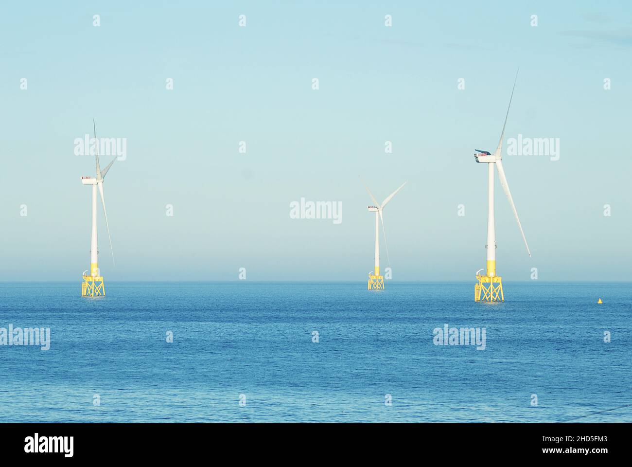 Wind turbines in the Aberdeen Bay Wind Farm, about 3km offshore, between Blackdog and Bridge of Don in the North Sea, with a splendid view from the Tr Stock Photo