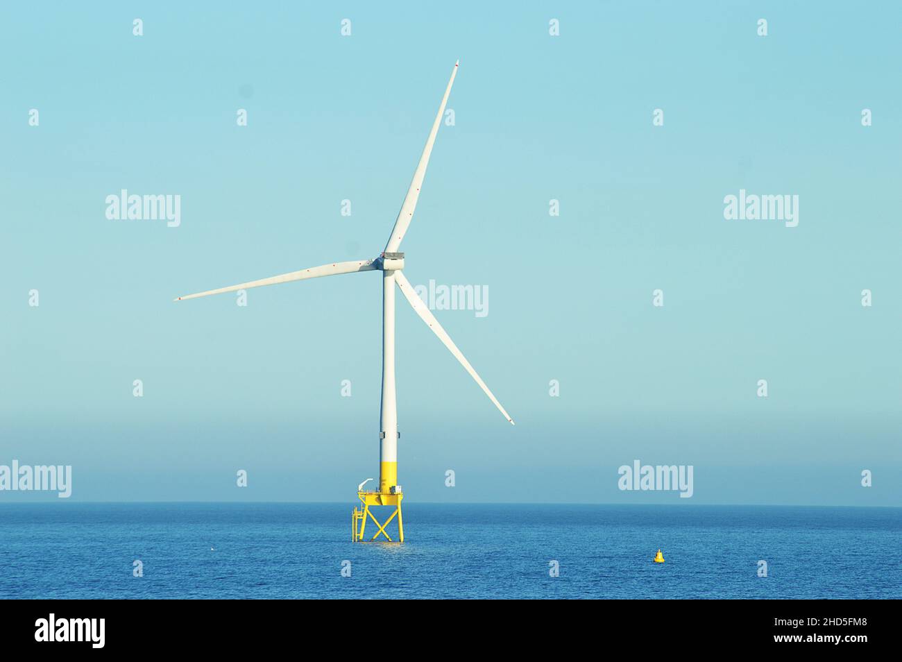 Offshore wind turbine generating electricity  in the Aberdeen Bay Wind Farm, about 3km offshore, between Blackdog and Bridge of Don in the North Sea.. Stock Photo