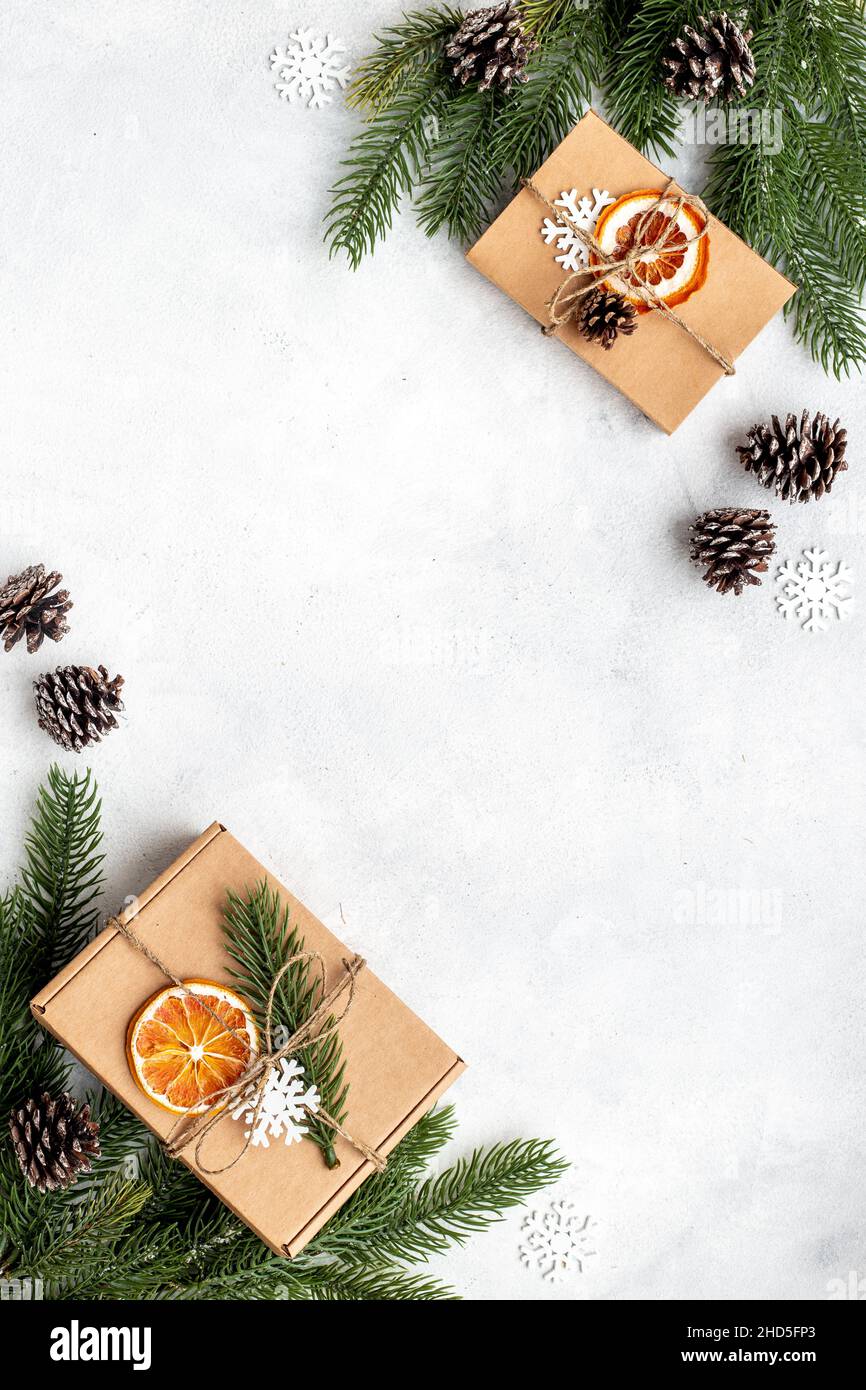 Christmas presents - hand made gift boxes, top view Stock Photo
