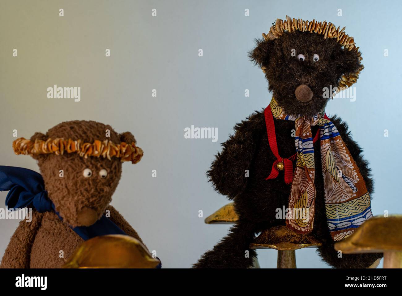 Teddy Teddybears with golden wooden mushrooms Stock Photo