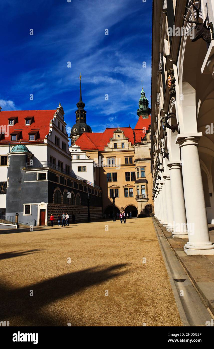 Tuscan pillars of arched Lange Gang of Stallhof (long passage of Royal stables). Dresden Residence Castle Dresden Saxony Germany. Stock Photo