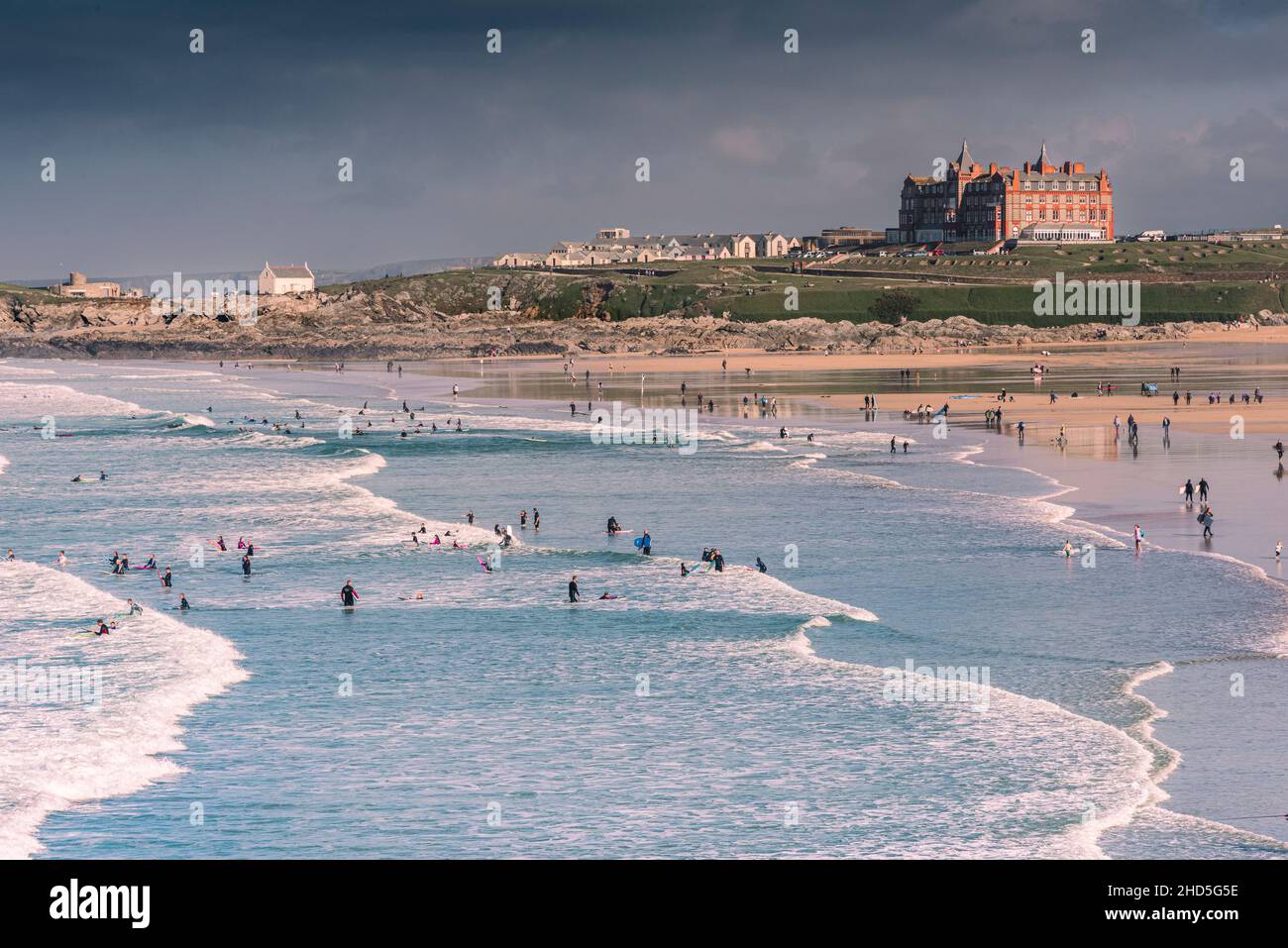 Low tide at Fistral Beach in Newquay in Cornwall. Stock Photo