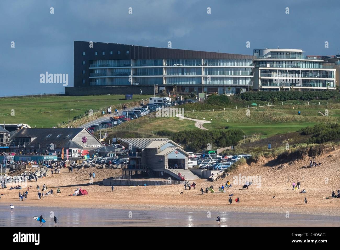 The exclusive development apartment block Fistral Blue overlooking Fistral Beach in Newquay in Cornwall. Stock Photo