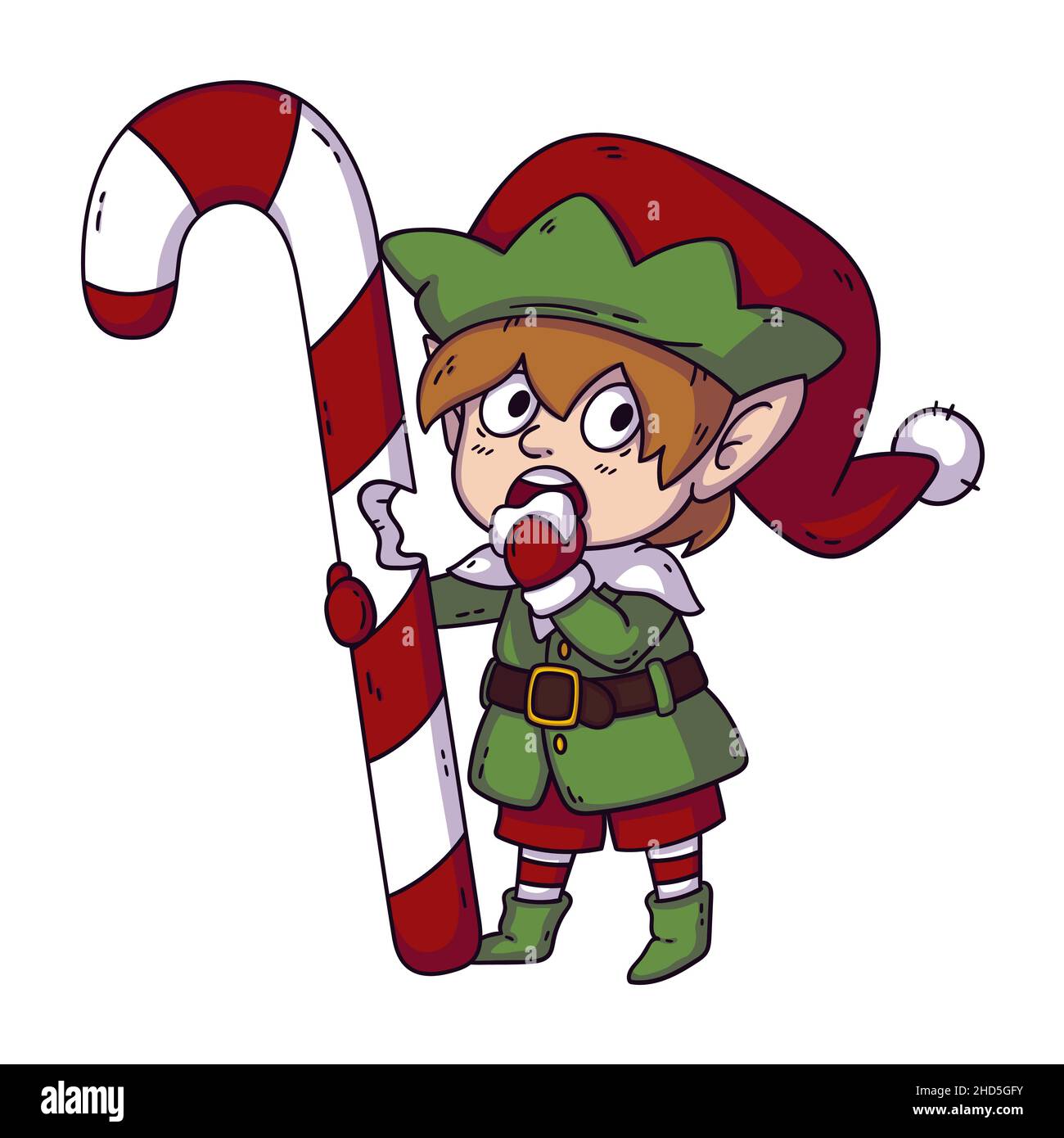 Santa’s Little Helper Elf Eats Christmas Candy Vector Cartoon