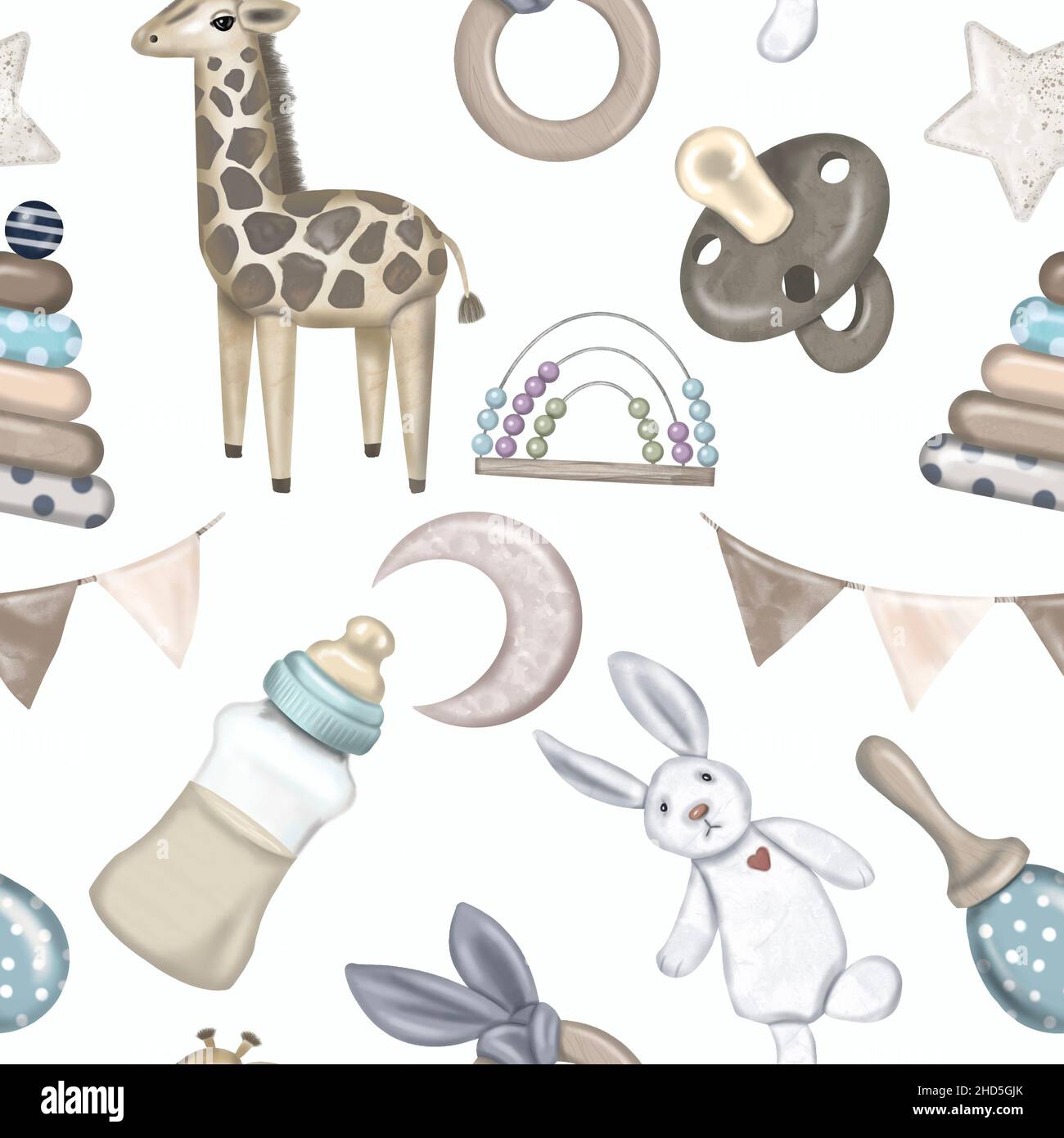 Watercolor seamless pattern for children. Children's toys, nipple, giraffe, bunny on a white background. Baby shower Stock Photo