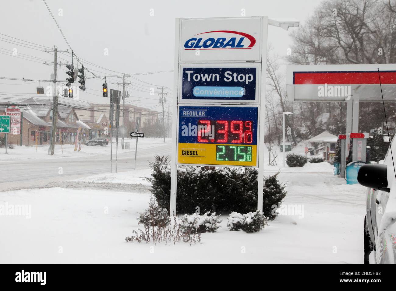 NORWALK, CT, USAFEBRUARY 1, 2021 Gas station sign during snow storm